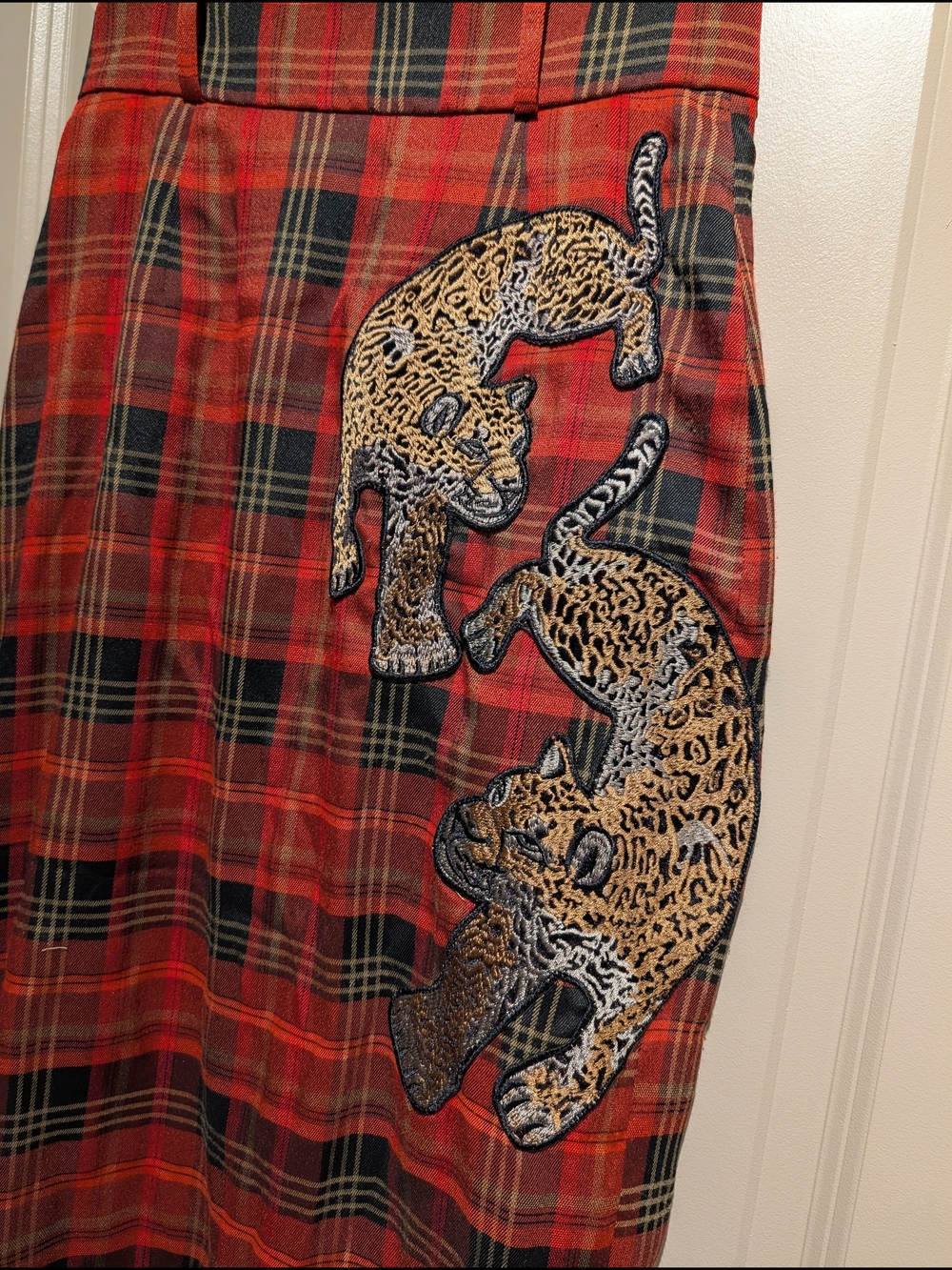 Dressed In Lala Plaid Red High-Waist Maxi Skirt with Leopard Embroidery - Picture 3 of 5